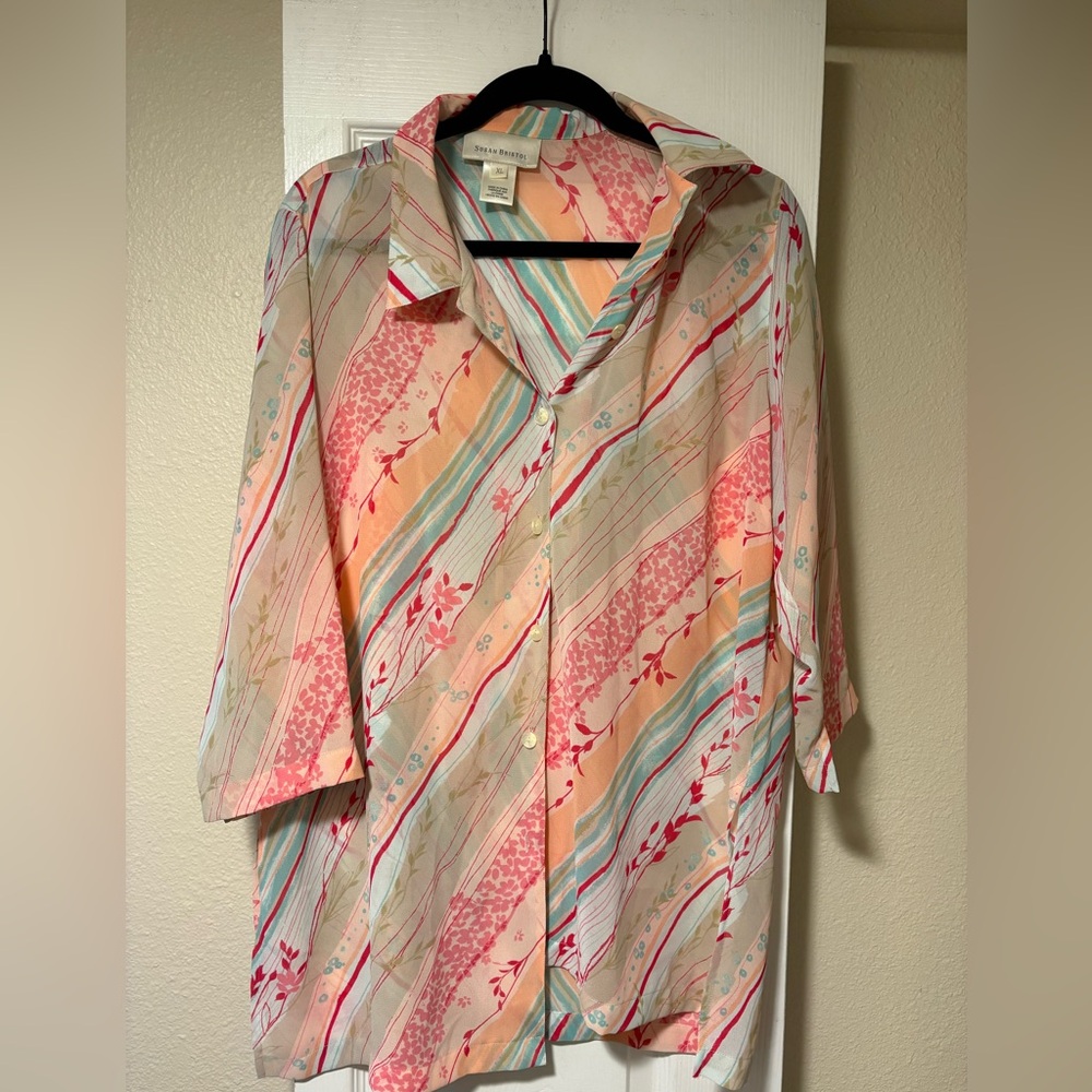 Susan Bristol Pastel Floral Striped Sheer Blouse
